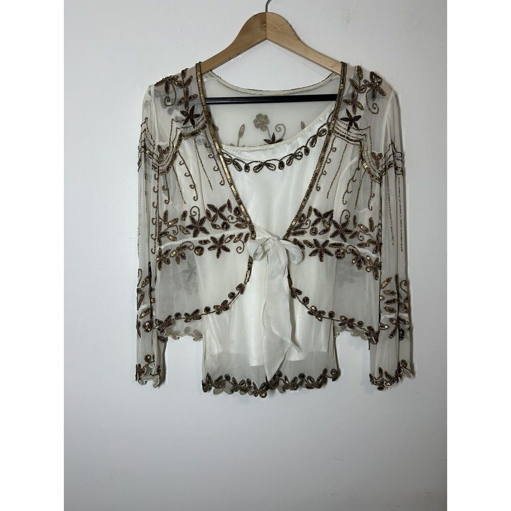 Beaded Tank & Sheer BeadedāCardiganāTieāFrontāWomen'sāSizeāMediumāOff-White
